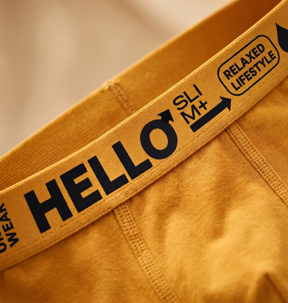 Close-up of the wide Hello Slim waistband in mustard yellow with the Hello wordmark and the Relaxed Lifestyle label