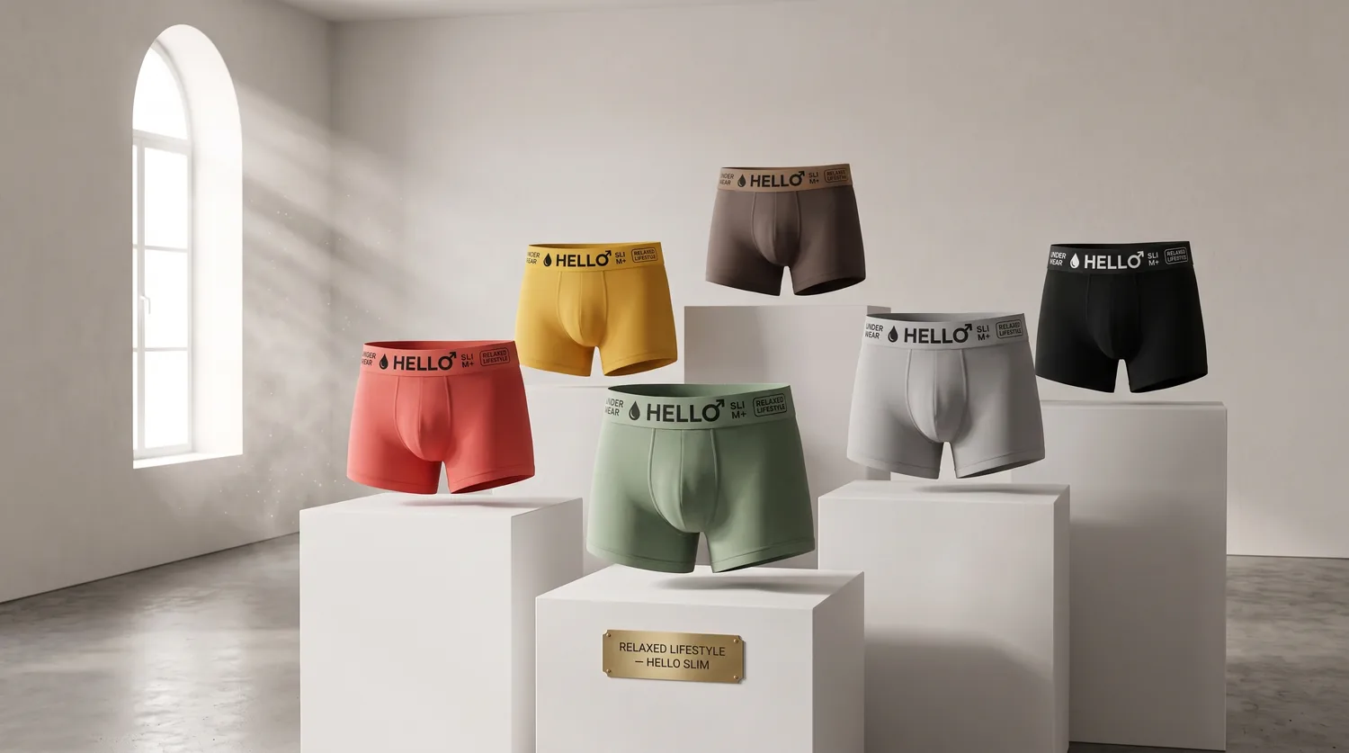 Six Hello Slim boxer briefs in coral, mustard yellow, sage green, grey, brown and black, displayed on white plinths in a bright room